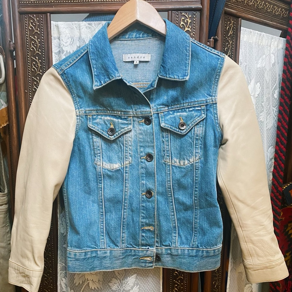 Sandro leather and denim bomber style jacket